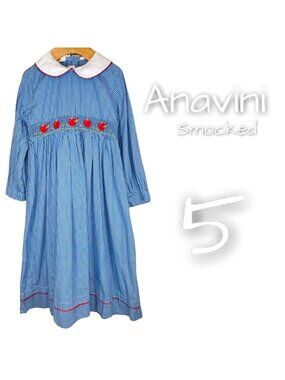 Anavini Girls Apple Embroidered School Long Sleeve Collared Smocked Dress 5